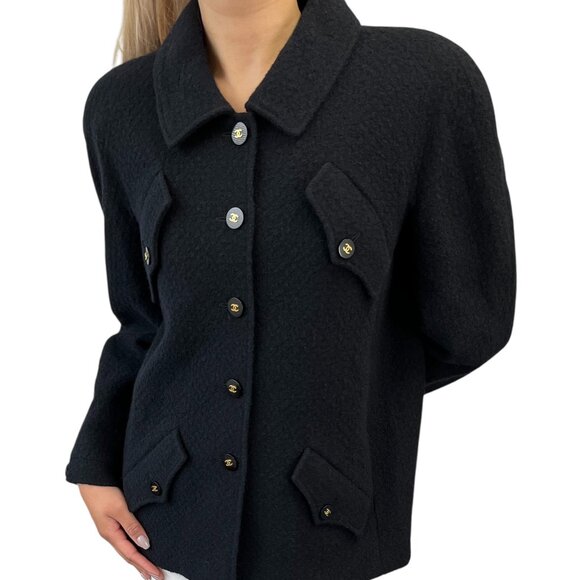 CHANEL Jackets & Blazers - CHANEL Vintage 95A CC Mark Logo Jacket #38 Mohair Wool Black Gold [106212]